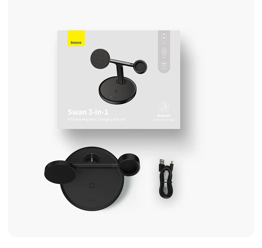 Baseus Swan 3-in-1 Wireless Magnetic Charging Bracket 20W Black Universal version ( Include:USB For type-C 3A 1m)