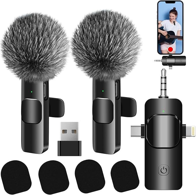 4-in-1 Wireless Lavalier Microphone (2-Piece) for iPhone, Android, Camera & PC