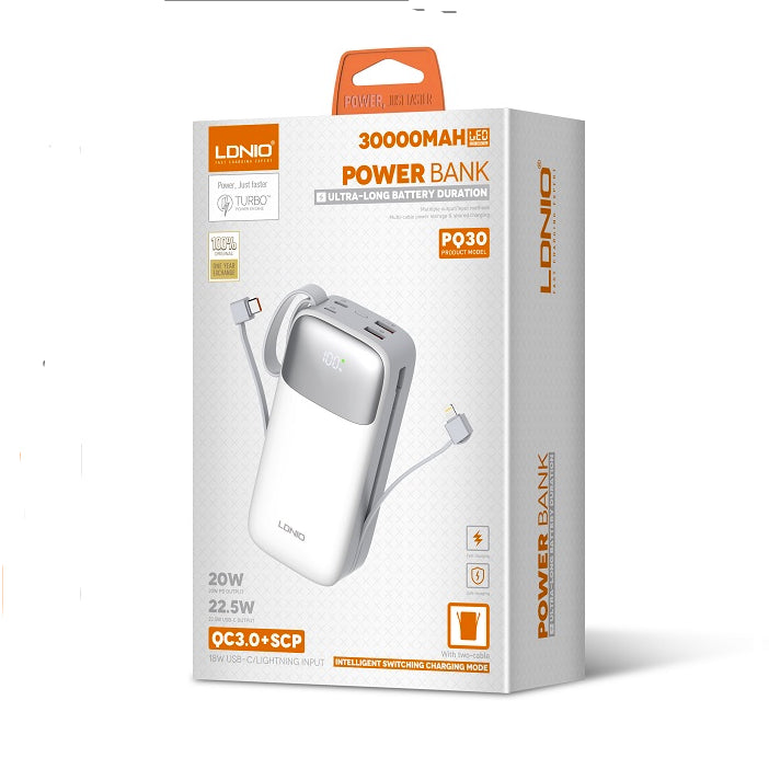 LDNIO PQ30 30000mAh 22.5W USB-C Fast Charging Power Banks smart LED Display Built-in Charging Cable Power Bank